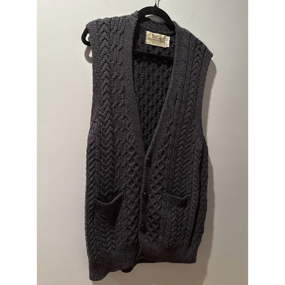 Aran Sweater Market Vest Made In Ireland 100% Merino Wool Gray Size XL